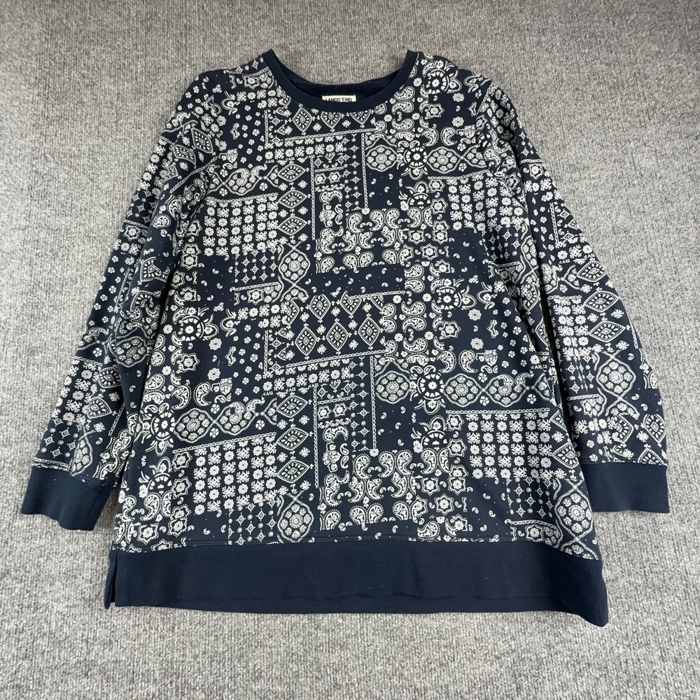 Lands' End Sweatshirt Unisex Kids 14-16 Blue Bandana Paisley Fleece Pullover